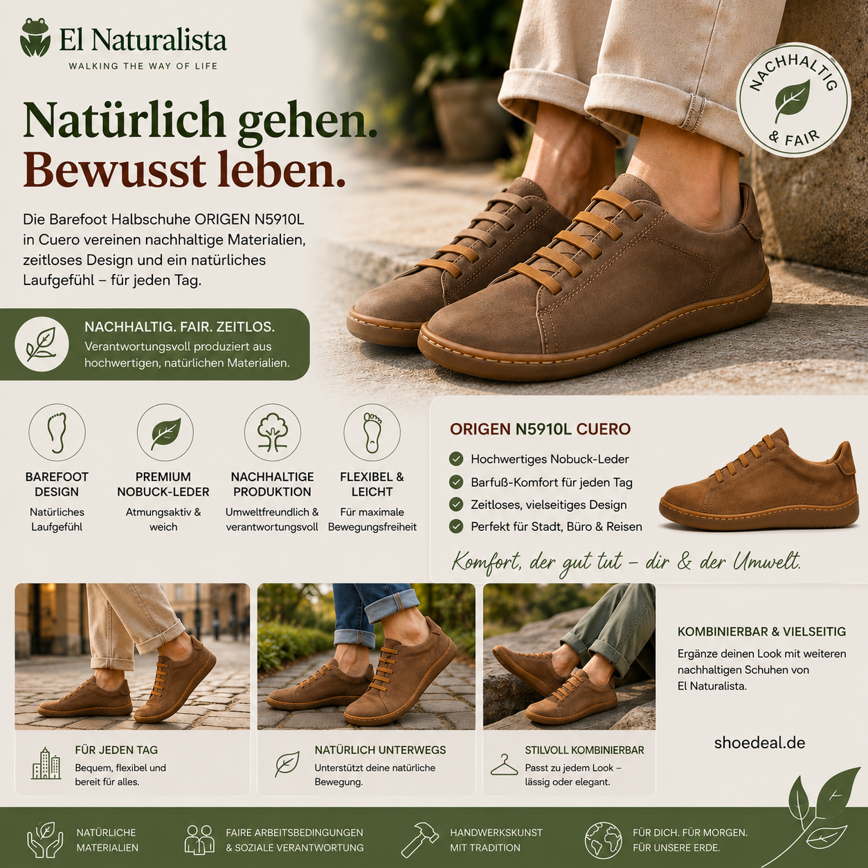 Entdecken Sie die einzigartige Handwerkskunst und Umweltfreundlichkeit der EL NATURALISTA Barefoot Halbschuhe ORIGEN N5910L cuero: Ein Must-Have für umweltbewusste Schuhliebhaber