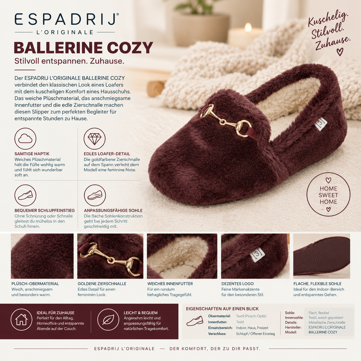 ESPADRIJ L'ORIGINALE BALLERINE COZY in Bordeaux – flauschiger Hausschuh mit weichem Innenfutter, goldfarbener Zierschnalle und flacher, flexibler Sohle.