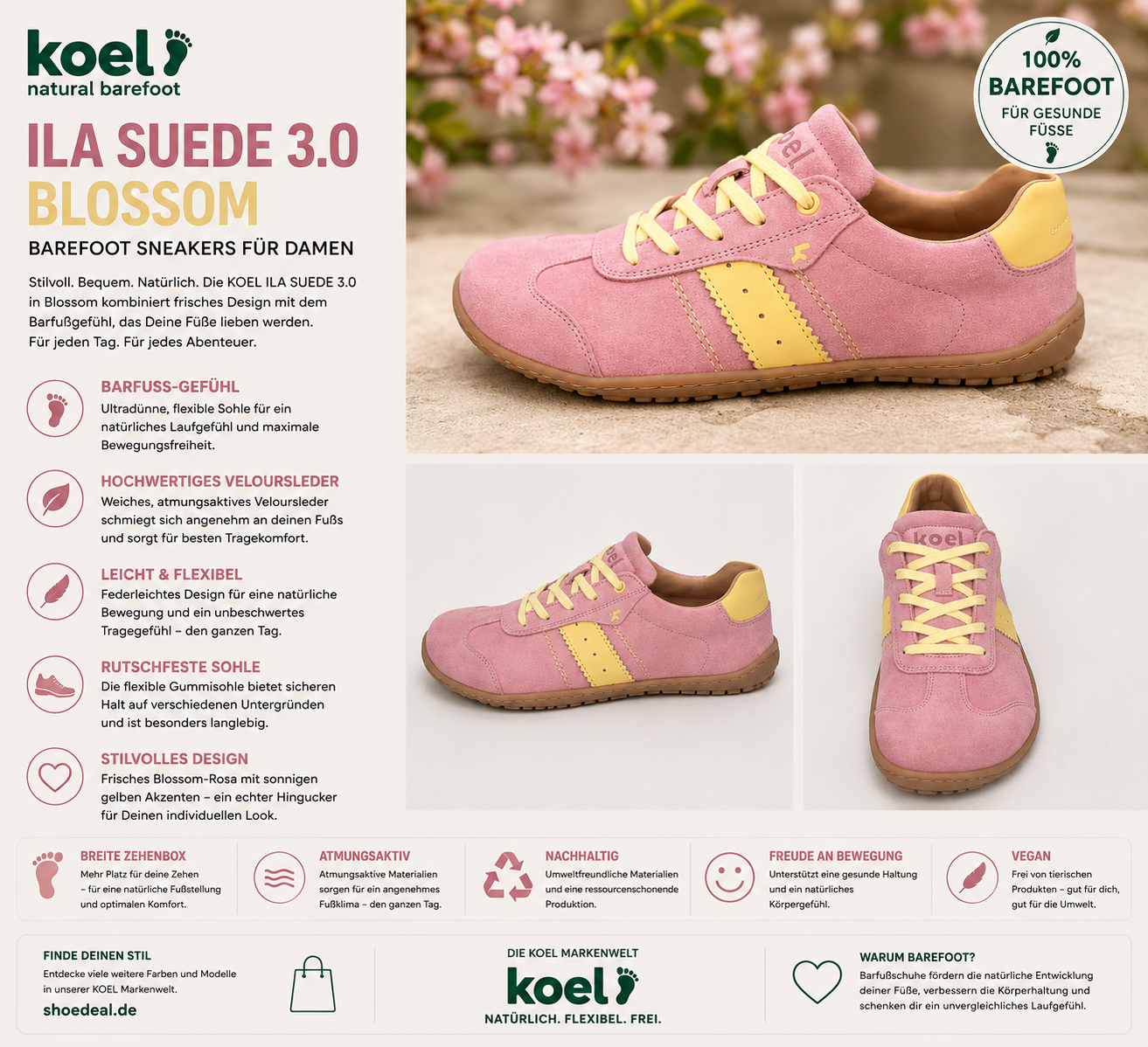 KOEL ILA SUEDE 3.0 Blossom Damen Barfuß-Sneaker in Rosa mit gelben Akzenten