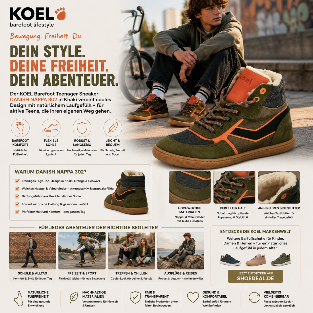 KOEL Barefoot Teenager Sneaker DANISH NAPPA 302 Khaki für aktive Jugendliche mit natürlichem Laufgefühl – shoedeal.de