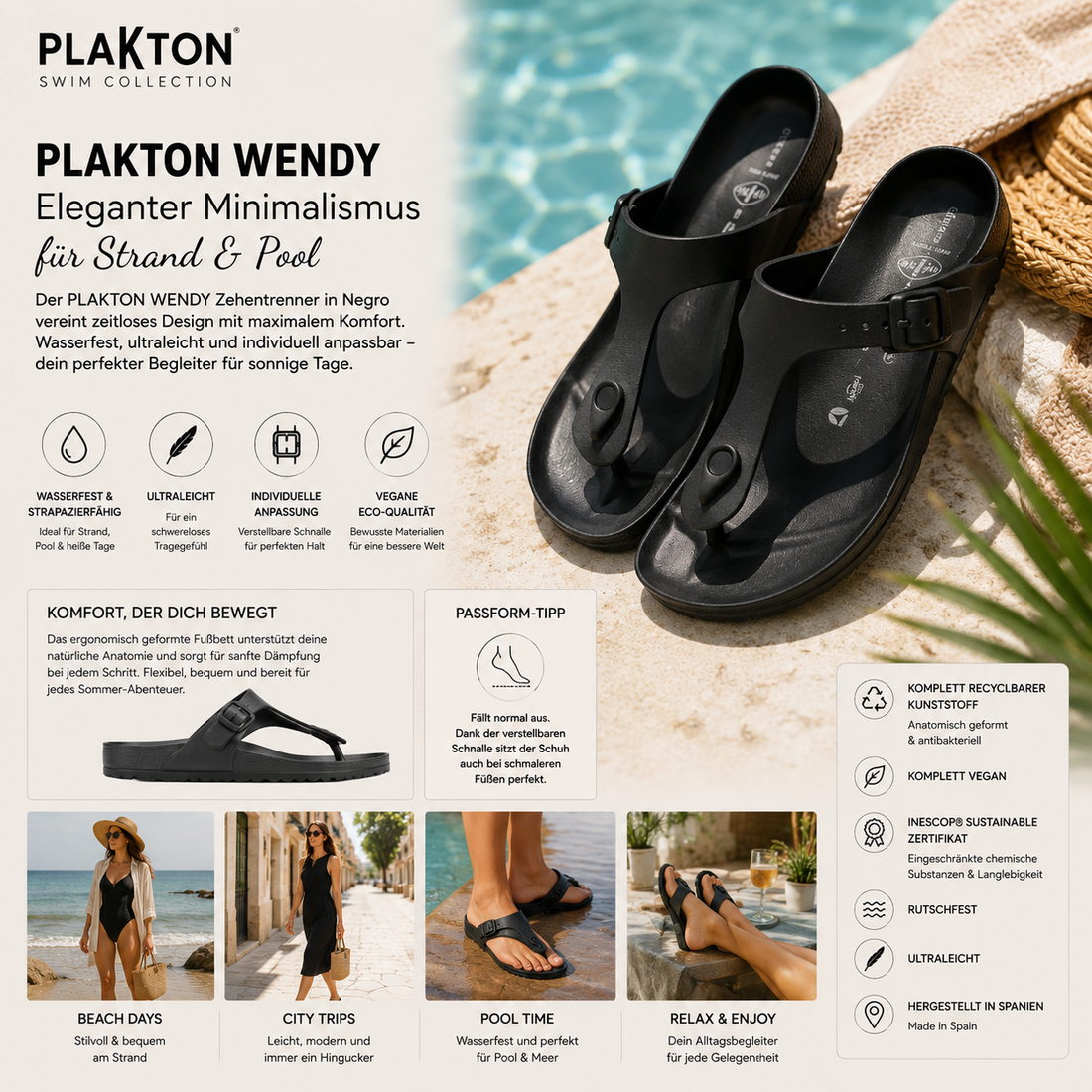 PLAKTON WENDY Zehentrenner in Schwarz – wasserfest, ultraleicht und perfekt für Strand & Pool – shoedeal.de