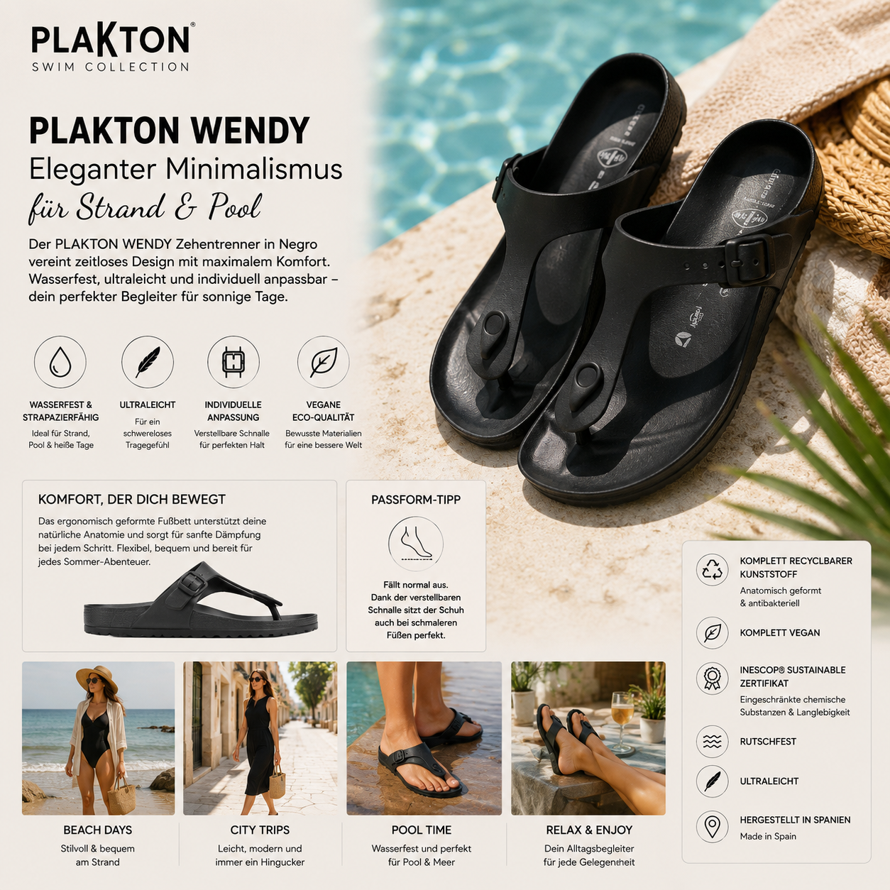 PLAKTON WENDY Zehentrenner in Schwarz – wasserfest, ultraleicht und perfekt für Strand & Pool – shoedeal.de