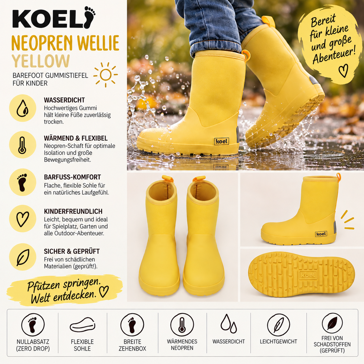 KOEL NEOPREN WELLIE Kinder Barfuß-Gummistiefel in Gelb mit Neoprenschaft und breiter Zehenbox