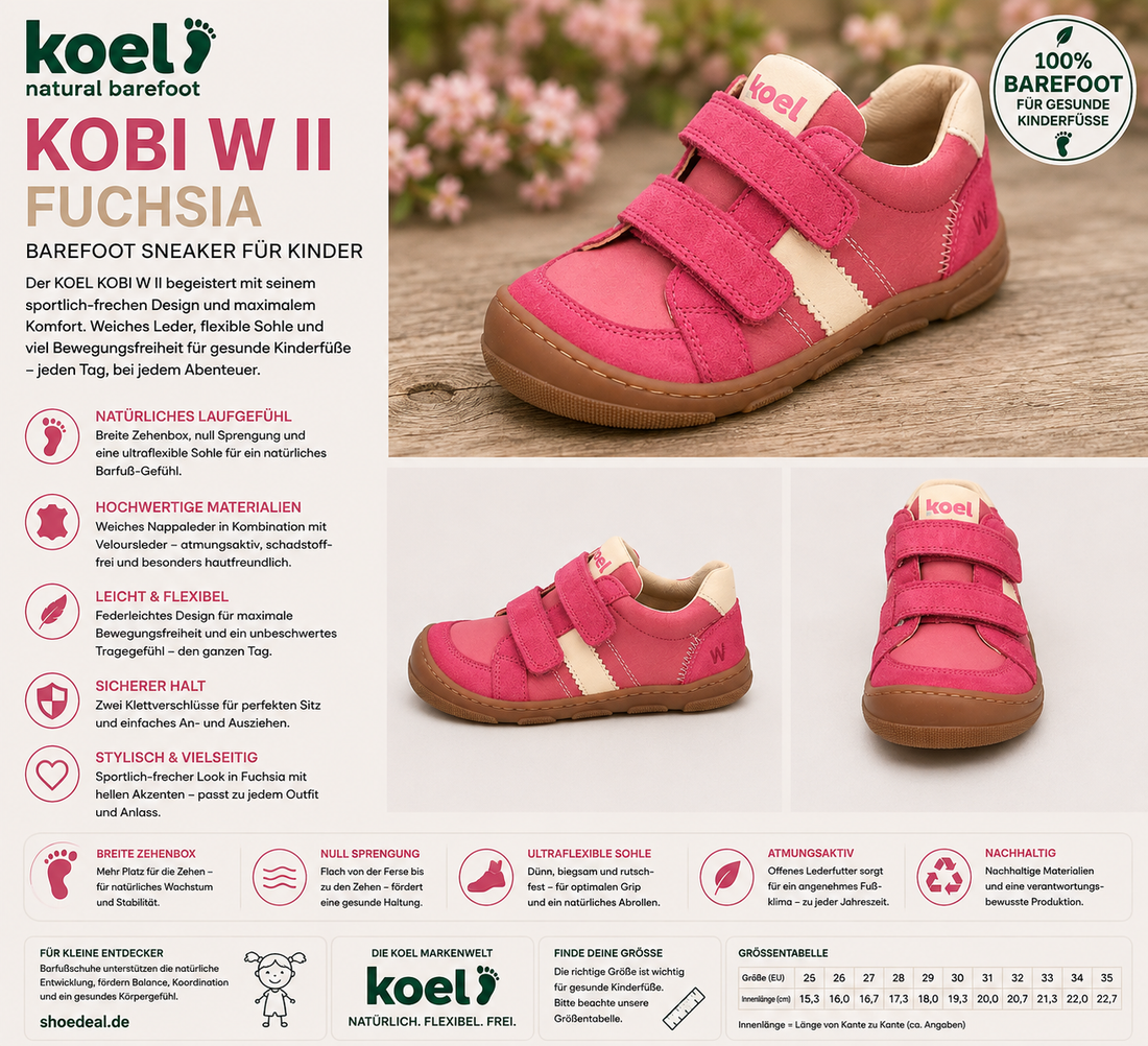 KOEL KOBI W II Fuchsia Kinder Barfuß-Sneaker mit Klettverschluss, breiter Zehenbox und flexibler Sohle – shoedeal.de
