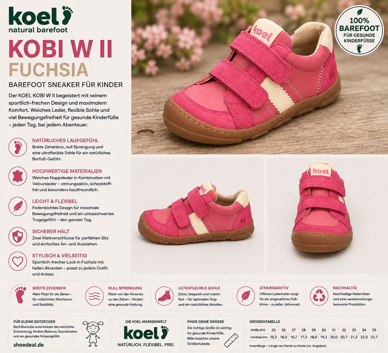 KOEL KOBI W II Fuchsia Kinder Barfuß-Sneaker mit Klettverschluss, breiter Zehenbox und flexibler Sohle – shoedeal.de