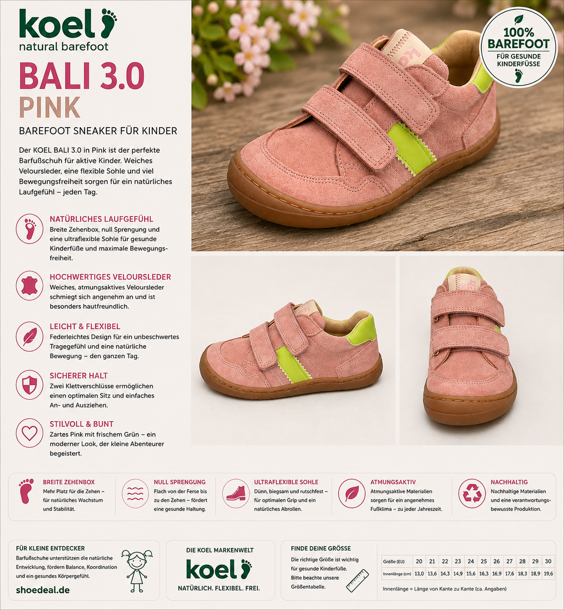 KOEL BALI 3.0 Kinder Barfuß-Sneaker in Pink mit grünen Akzenten, Klettverschluss und flexibler Sohle – shoedeal.de
