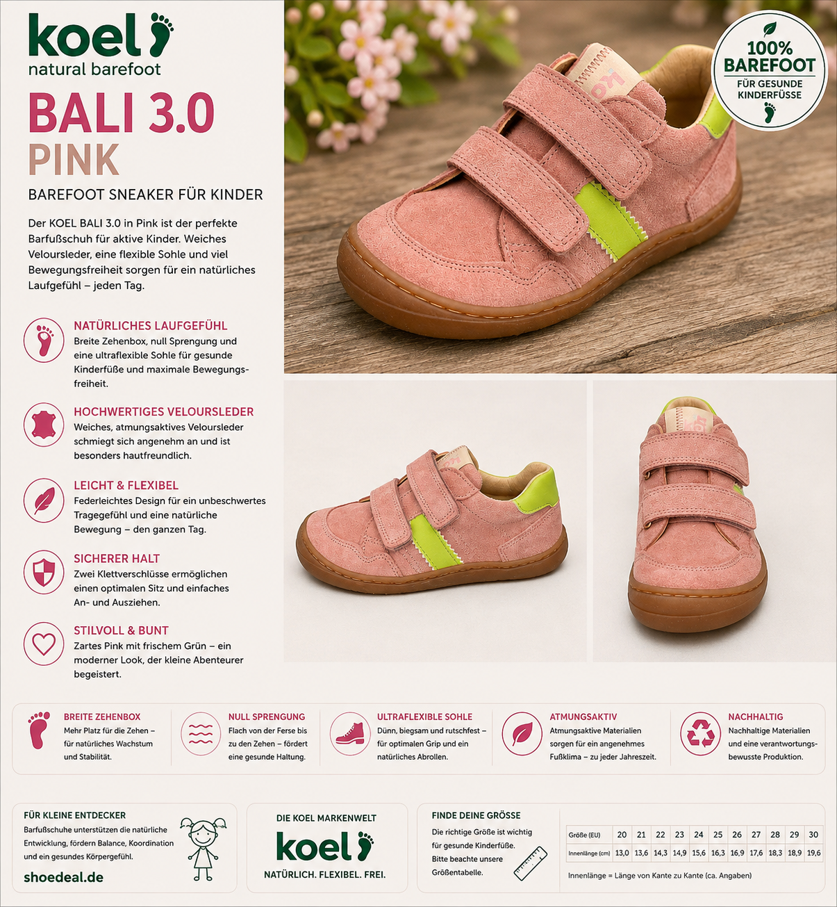 KOEL BALI 3.0 Kinder Barfuß-Sneaker in Pink mit grünen Akzenten, Klettverschluss und flexibler Sohle – shoedeal.de