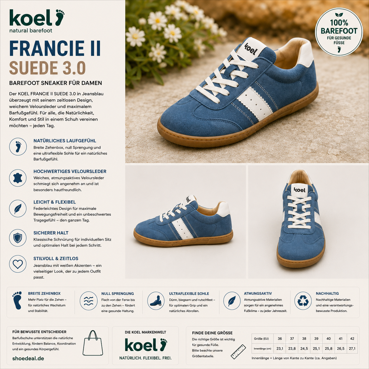 Barfußkomfort erleben: Die Vielseitigkeit der KOEL Damen Barefoot Sneakers FRANCIE II SUEDE 3.0 in Jeans