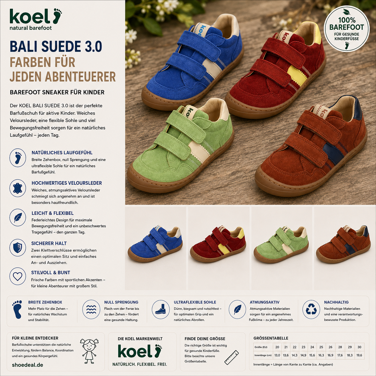 KOEL BALI SUEDE 3.0 Kinder Barfuß-Sneaker in Blau, Rot, Grün und Cognac mit Klettverschluss – shoedeal.de