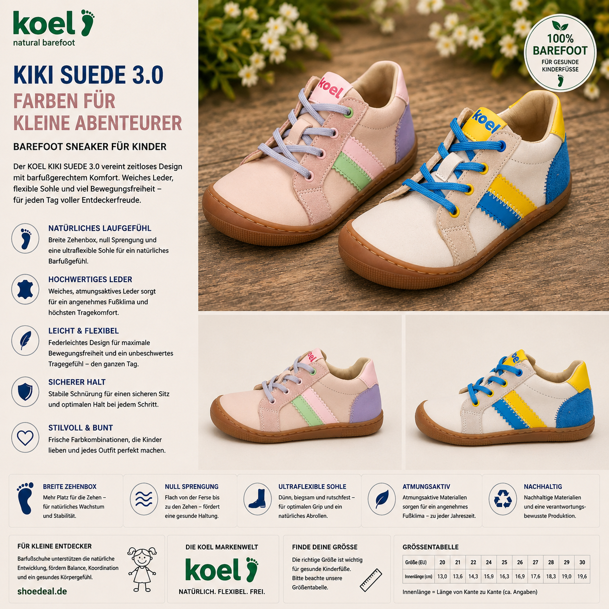 KOEL Kinder Barfuß-Sneaker in Rosa und Beige-Blau als sommerliches Lifestylebild – shoedeal.de
