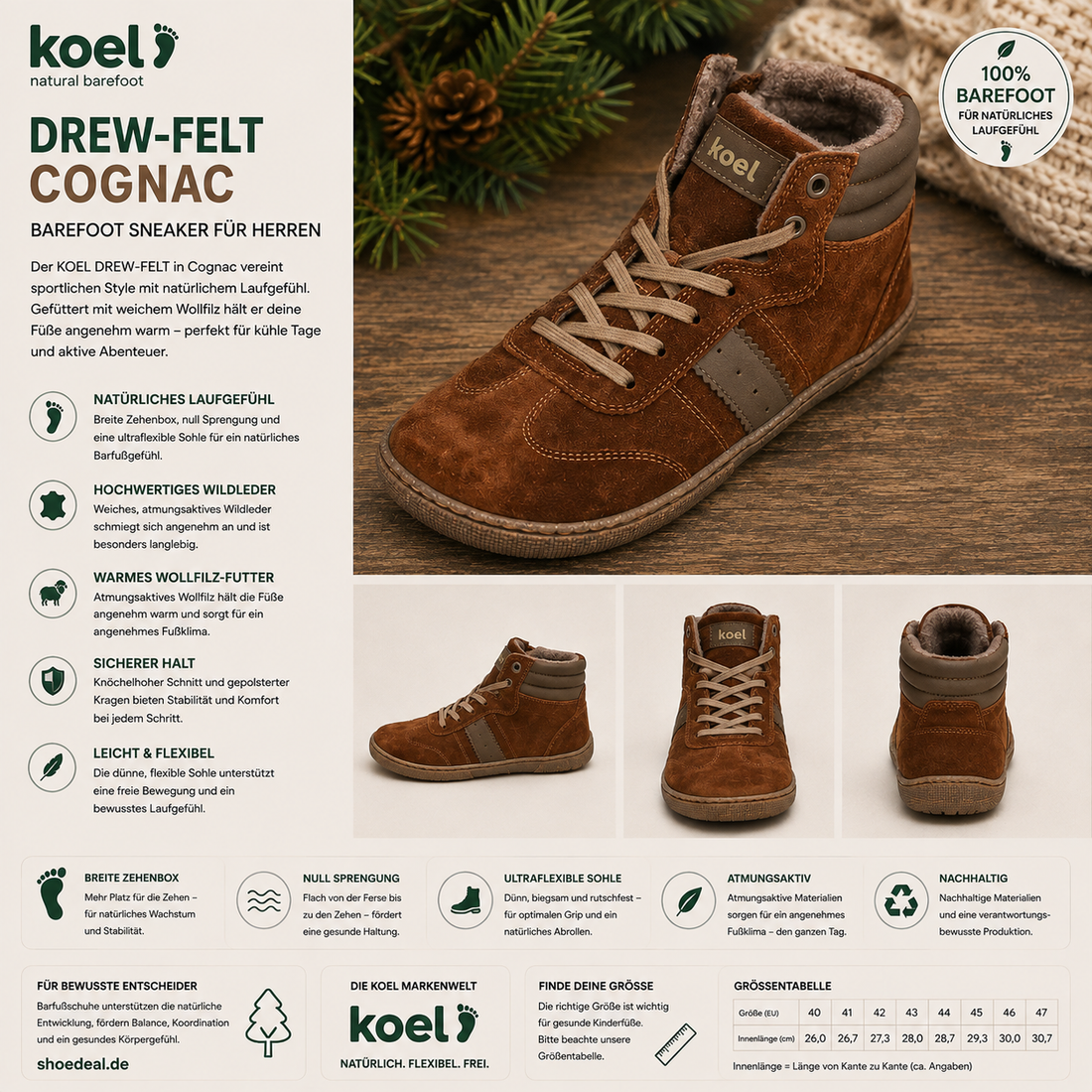 KOEL DREW-FELT Cognac Barfußschuhe mit warmem Futter im herbstlichen Lifestyle-Design – shoedeal.de