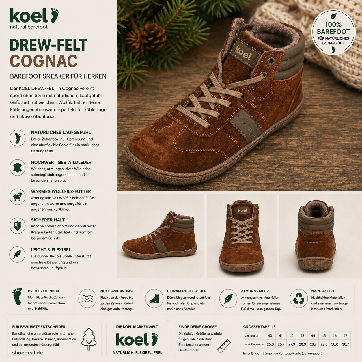 KOEL DREW-FELT Cognac Barfußschuhe mit warmem Futter im herbstlichen Lifestyle-Design – shoedeal.de