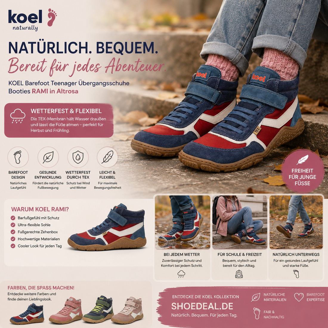 KOEL RAMI TEX Barfuß-Bootie für Kinder in Bordeaux-Blau mit wetterfester Membran und natürlichem Laufgefühl | shoedeal.de