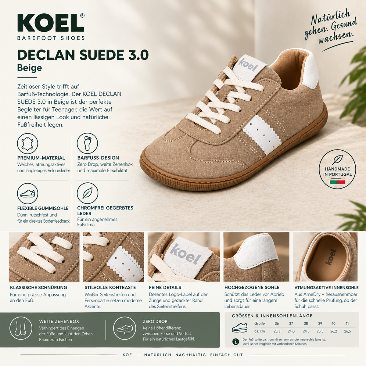 KOEL DECLAN SUEDE 3.0 in Beige – Barfuß-Sneaker aus Veloursleder mit flexibler Zero-Drop-Gummisohle, breiter Zehenbox und Schnürung.