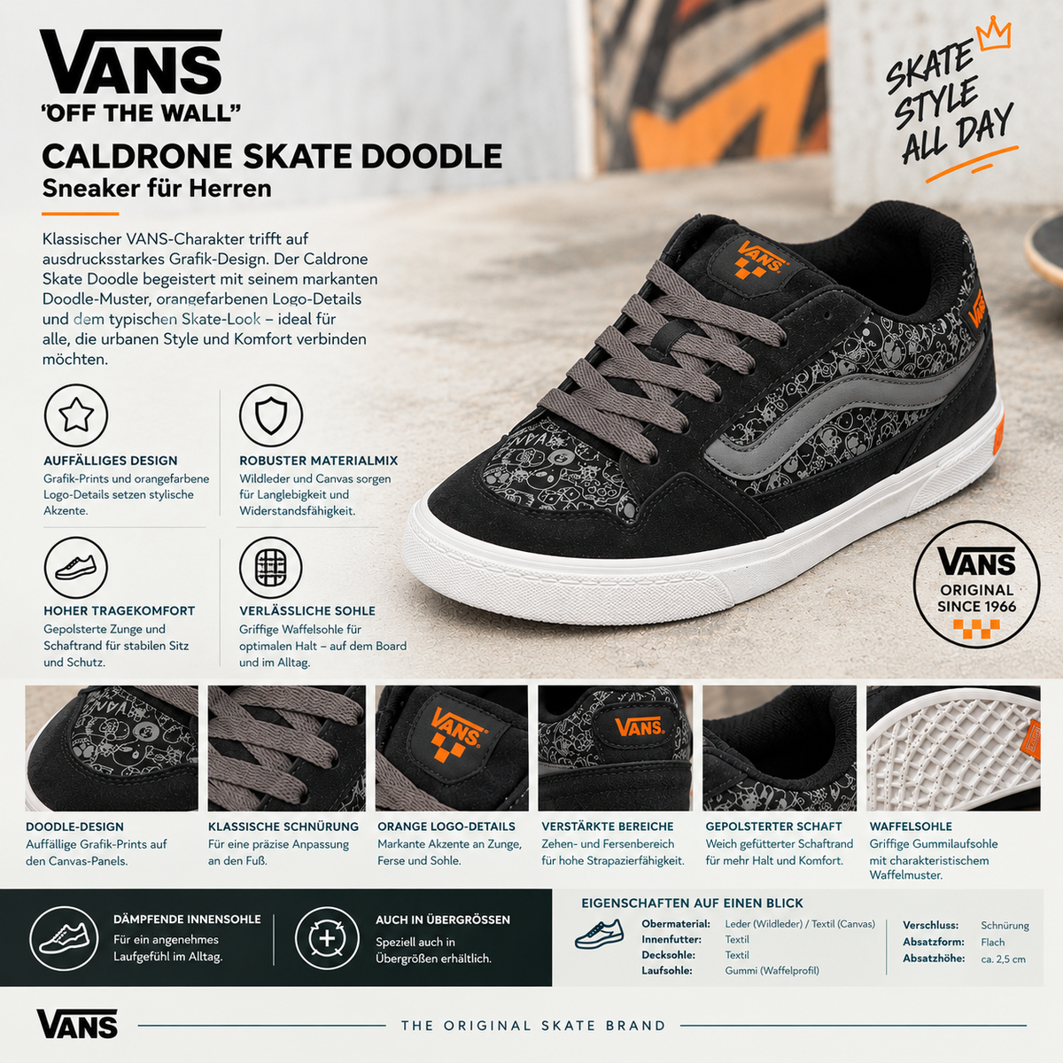 VANS Caldrone Skate Doodle Sneaker in Schwarz mit Doodle-Muster, grauen Schnürsenkeln, orangefarbenen Logo-Details und weißer Waffelsohle