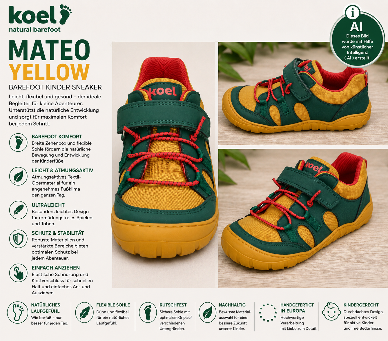 KOEL Barefoot Kinder Sneaker MATEO Yellow mit atmungsaktivem Textil, robuster Profilsohle