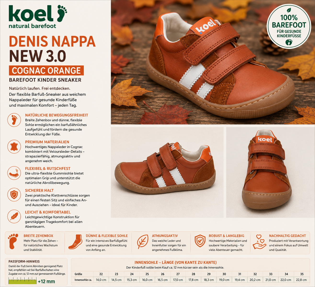 Infografik zum KOEL Barefoot Kinder Sneaker DENIS NAPPA NEW 3.0 Cognac Orange mit Produkteigenschaften, Größenübersicht und KI-Hinweis