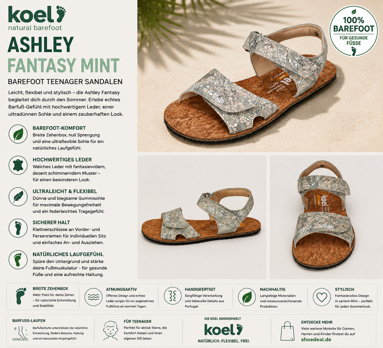 KOEL Ashley Fantasy Mint Barfuß-Sandale für Teenager mit flexibler Sohle und Klettverschluss – shoedeal.de