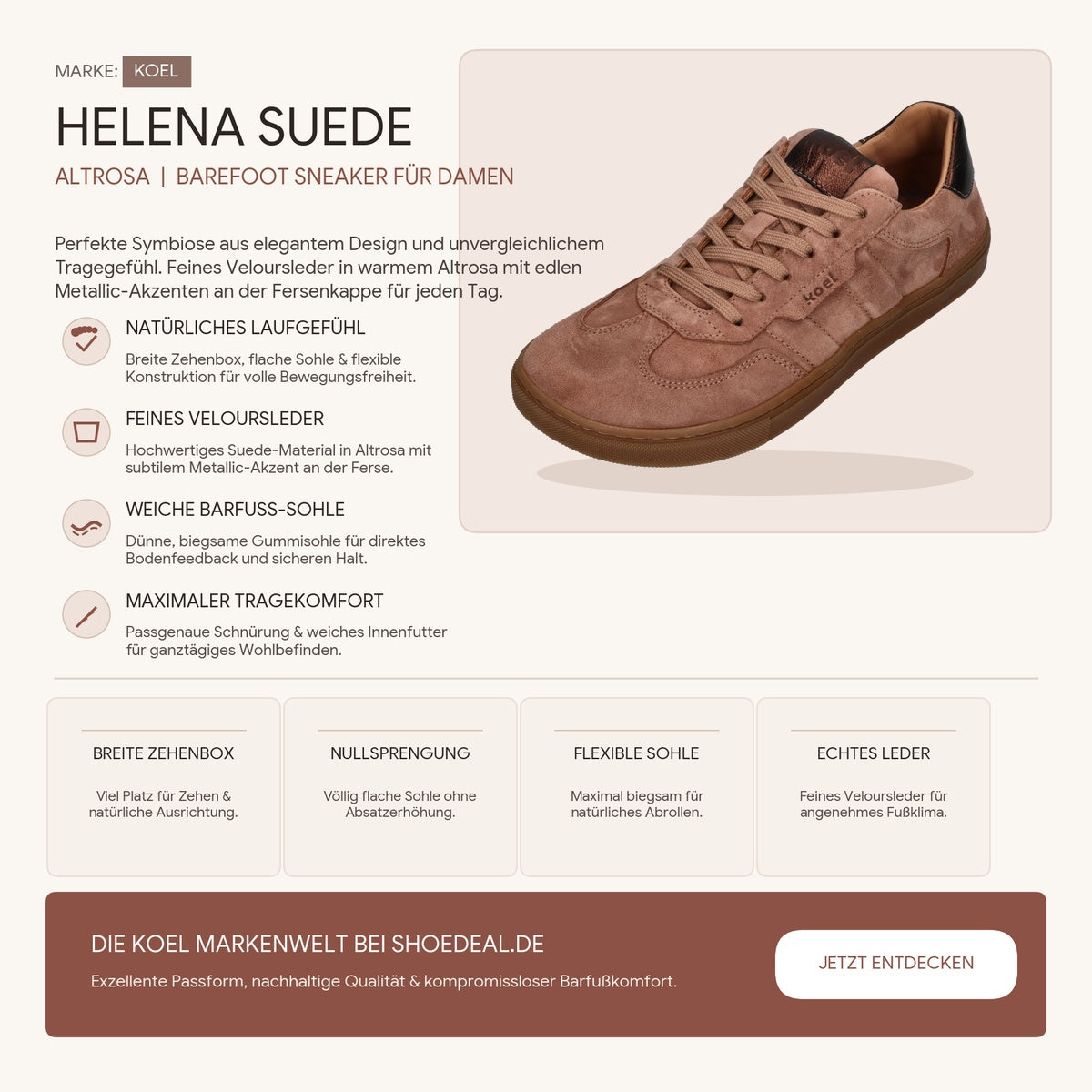 KOEL Damen Barfußschuh Sneaker Helena Suede in Altrosa aus Veloursleder mit brauner Sohle und edlem Metallic-Akzent an der Ferse.