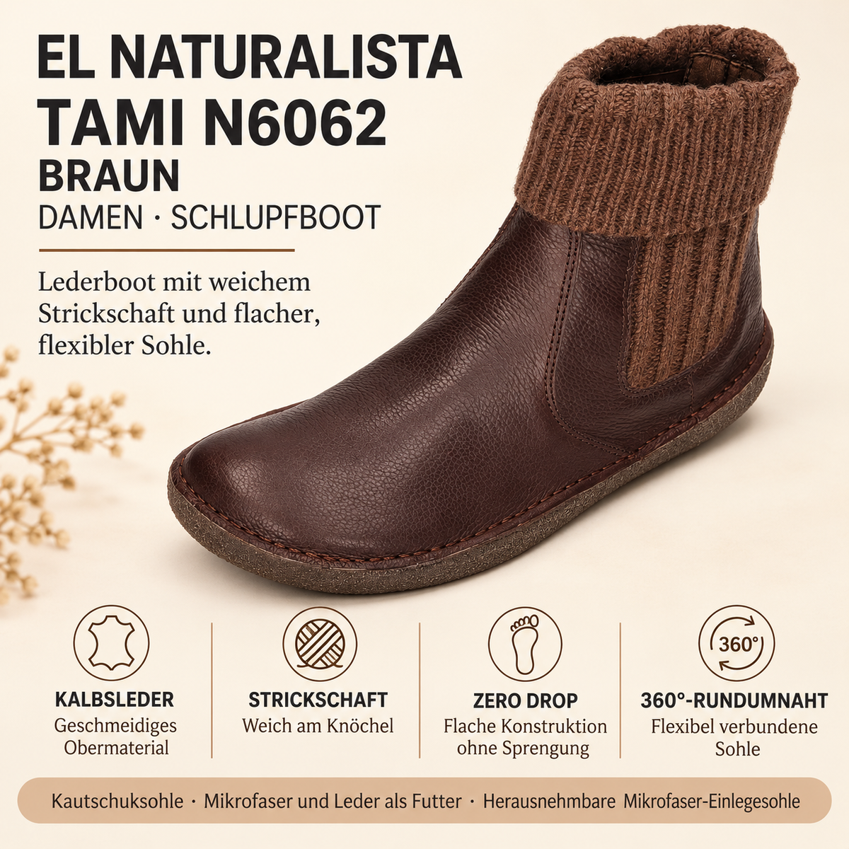 El Naturalista Tami N6062 Damen-Minimalstiefel in Braun aus Kalbsleder mit geripptem Strickschaft und flexibler Kautschuksohle