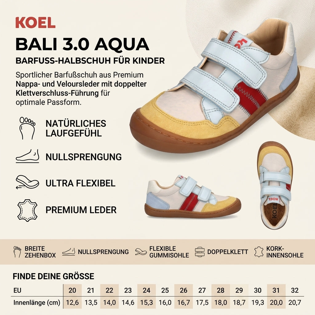 KOEL BALI 3.0 Kinderschuh Infografik in Aqua, Weiß und Gelb mit Barfuß-Eigenschaften, Produktdetails und Größentabelle EU 20 bis 32