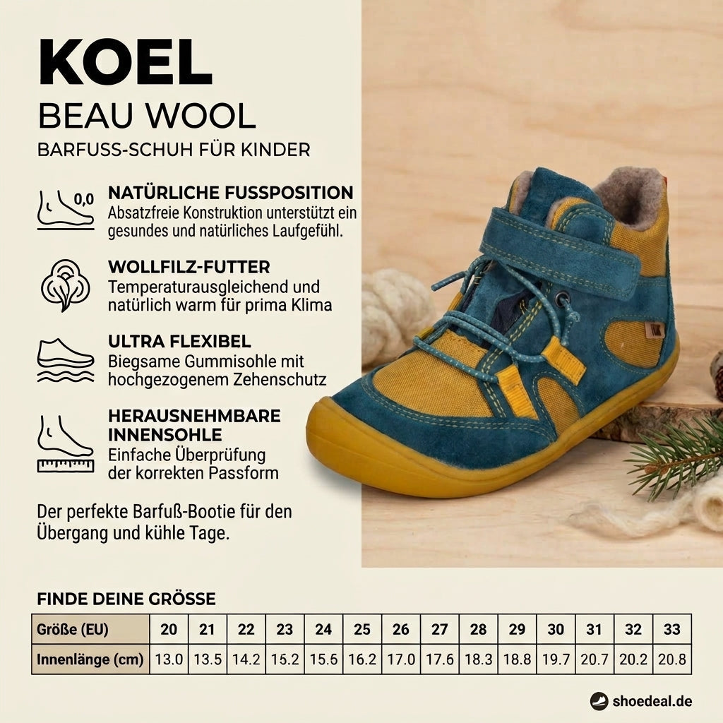 KOEL Kinder-Barfußschuh Beau Wool in Gelb und Türkis mit der Eigenschaft Natürliche Fußposition, Wollfilz-Futter und Größentabelle.  