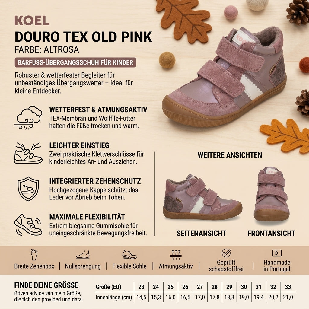 Infografik zum KOEL Douro Tex Old Pink Barfuß-Übergangsschuh für Kinder in Altrosa: Produktdetails, Eigenschaften wie TEX-Membran und flexible Sohle sowie Größentabelle von Größe 23 bis 33.
