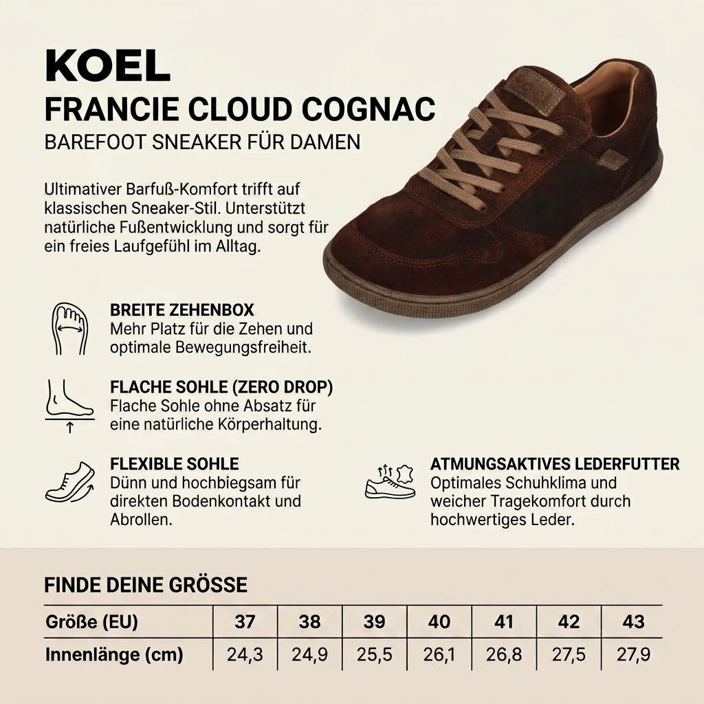 KOEL Francie Cloud Cognac Damen Barfuß-Sneaker aus samtigem Veloursleder mit flacher Sohle und Schnürung