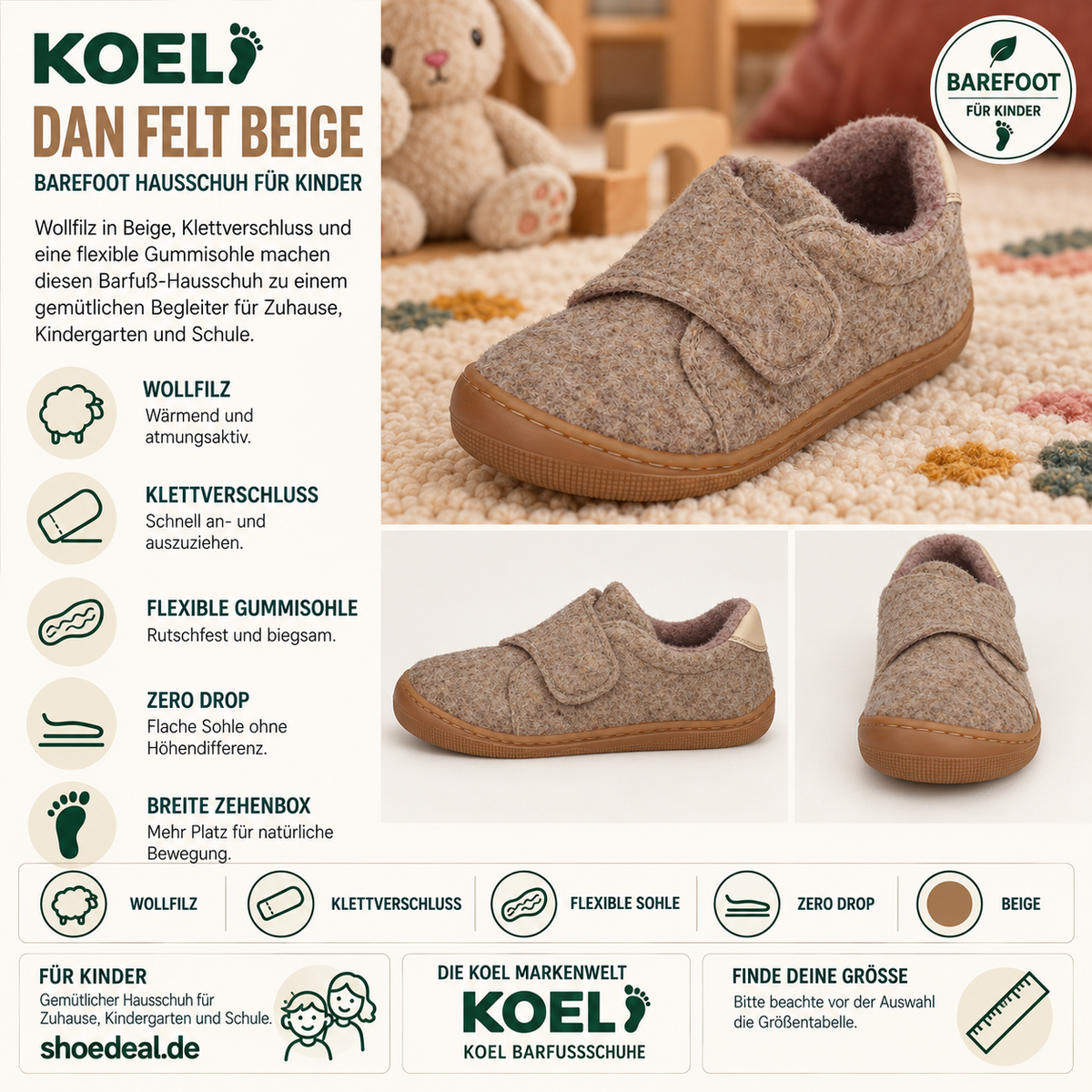 Entdecke die KOEL DAN FELT Beige Kinder Barfuß-Hausschuhe aus Wollfilz mit Klettverschluss, flexibler Gummisohle und viel Zehenfreiheit für Zuhause und Kita.