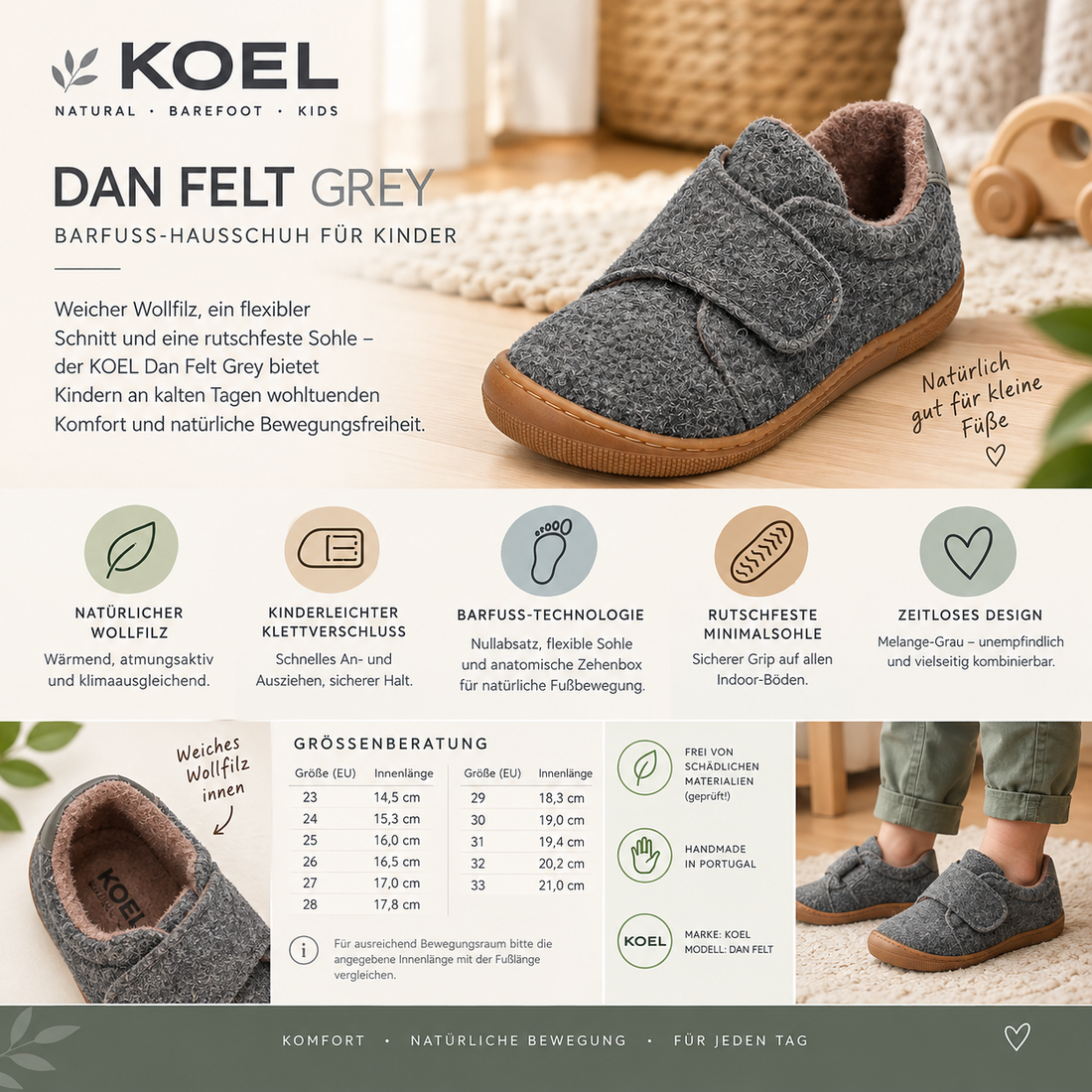 KOEL Dan Felt Grey Kinder-Barfuß-Hausschuh aus grauem Wollfilz mit Klettverschluss, flexibler Gummisohle, Nullabsatz und anatomischer Zehenbox