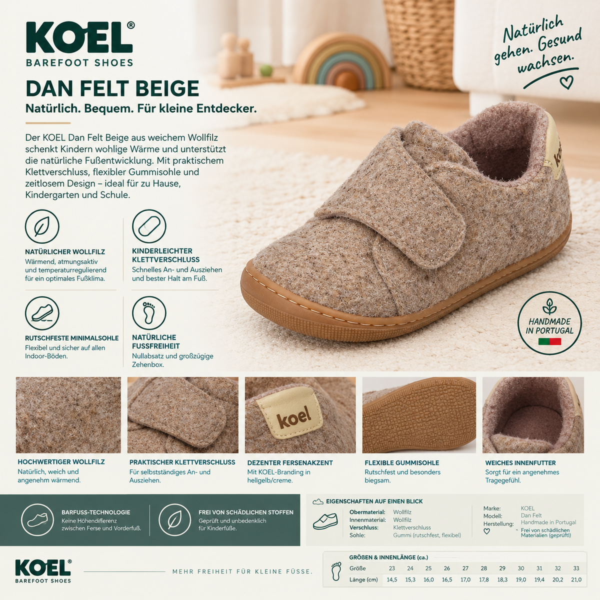 KOEL Dan Felt Beige Kinder-Barfußschuh aus weichem Wollfilz mit breitem Klettverschluss, flexibler Gummisohle und Zero-Drop-Technologie.