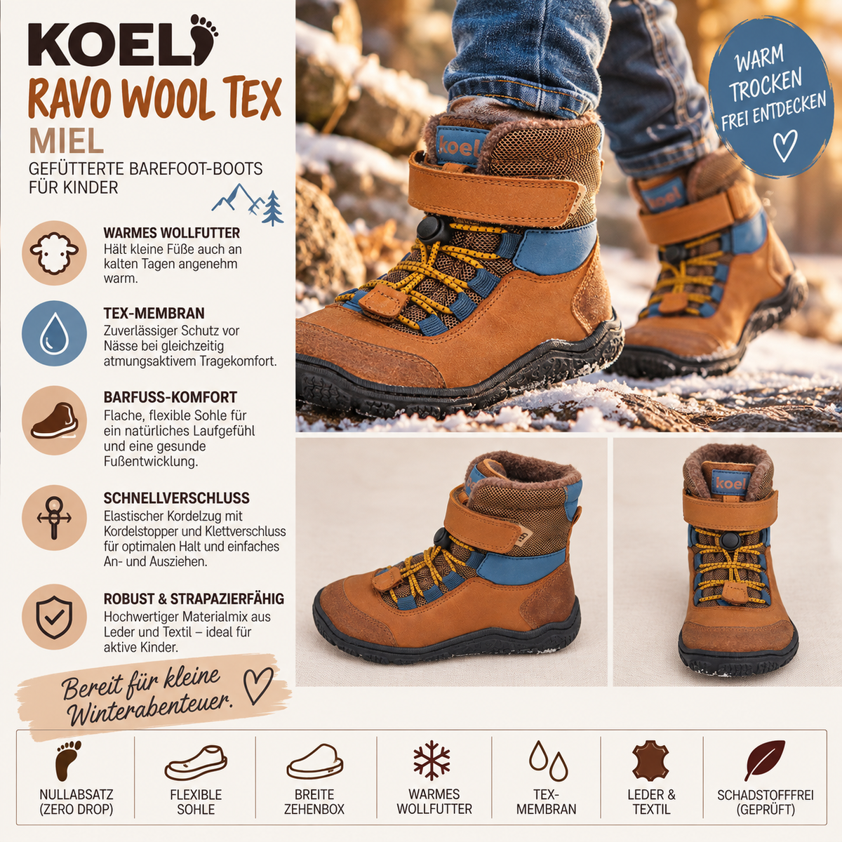 KOEL RAVO WOOL TEX Miel Kinder Barfuß-Winterboots mit Wollfutter, breiter Zehenbox und Tex-Membran im Schnee