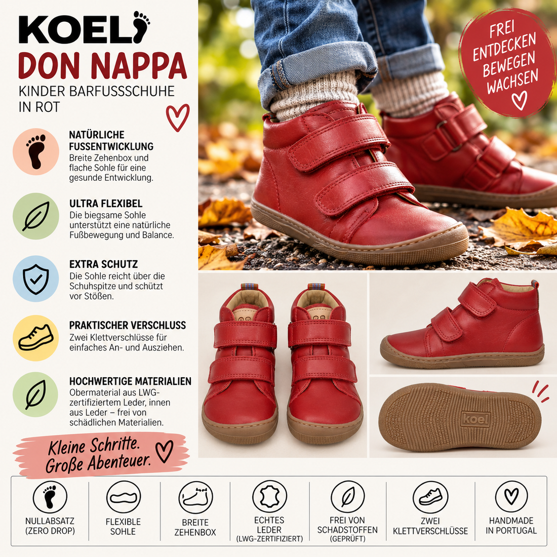 KOEL DON NAPPA Kinder Barfußschuhe in Rot mit zwei Klettverschlüssen und flexibler Sohle – shoedeal.de
