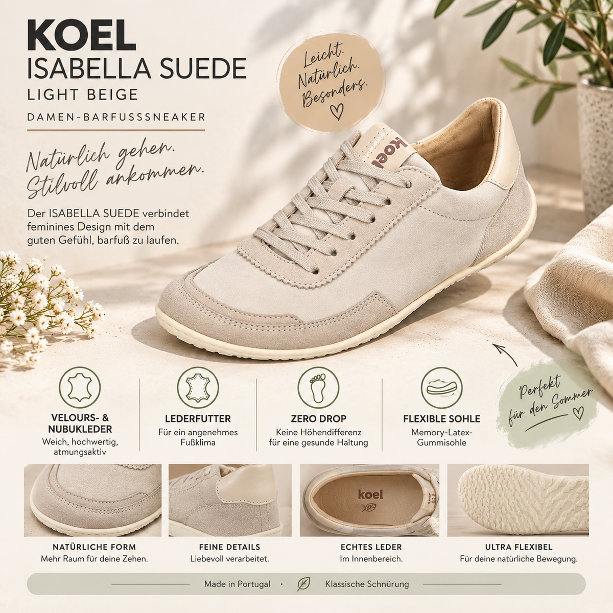 KOEL Isabella Suede Damen-Barfußsneaker in Light Beige aus Velours- und Nubukleder mit Lederfutter und flexibler Zero-Drop-Sohle