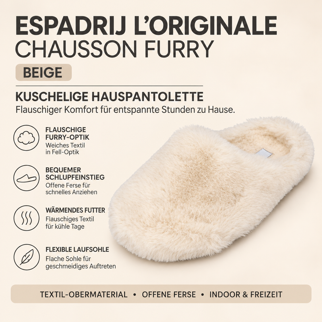 ESPADRIJ L’ORIGINALE CHAUSSON FURRY Hausschuh-Pantolette in Beige mit flauschigem Textilmaterial und offener Ferse.