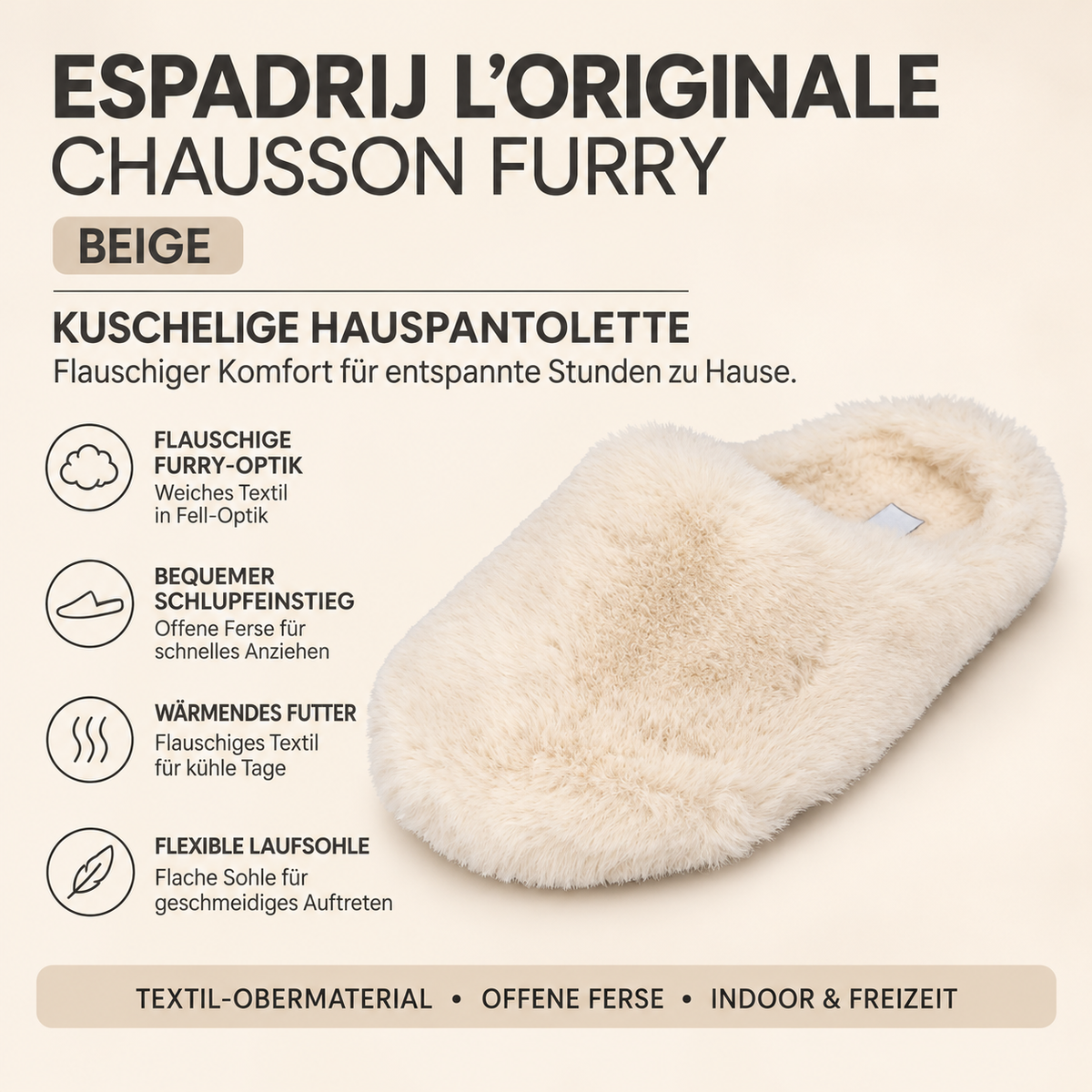 ESPADRIJ L’ORIGINALE CHAUSSON FURRY Hausschuh-Pantolette in Beige mit flauschigem Textilmaterial und offener Ferse.