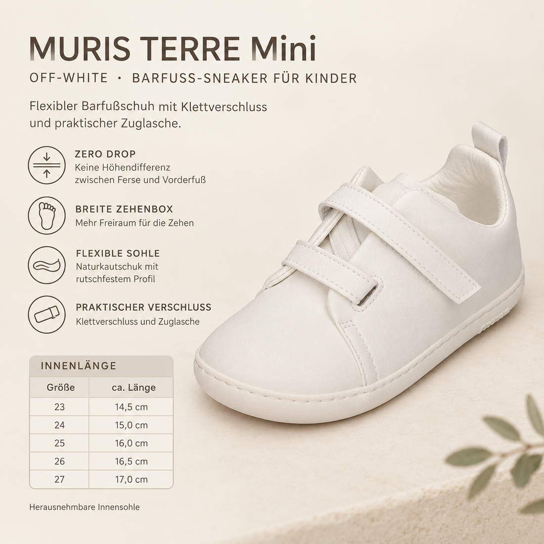 MURIS TERRE Mini Barfußschuh für Kinder in Off-White mit flexibler Naturkautschuksohle, breiter Zehenbox, Klettverschluss und Zuglasche.