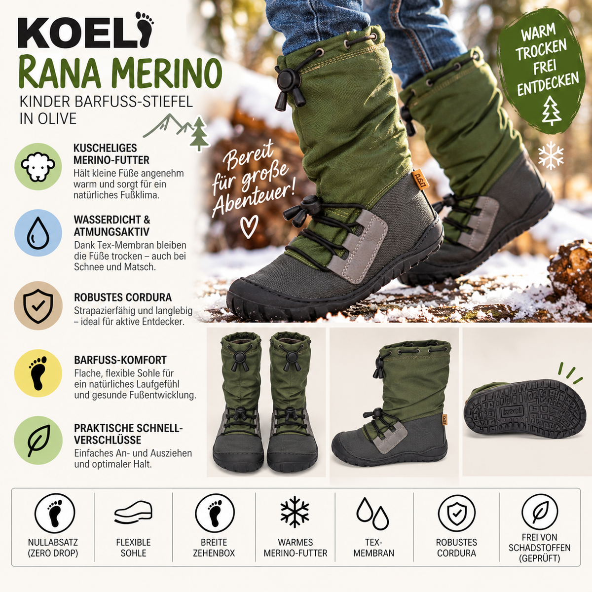 „So unterstützen die KOEL Kinder Barefoot Stiefel RANA MERINO in Olive die gesunde Fußentwicklung durch den Winter“