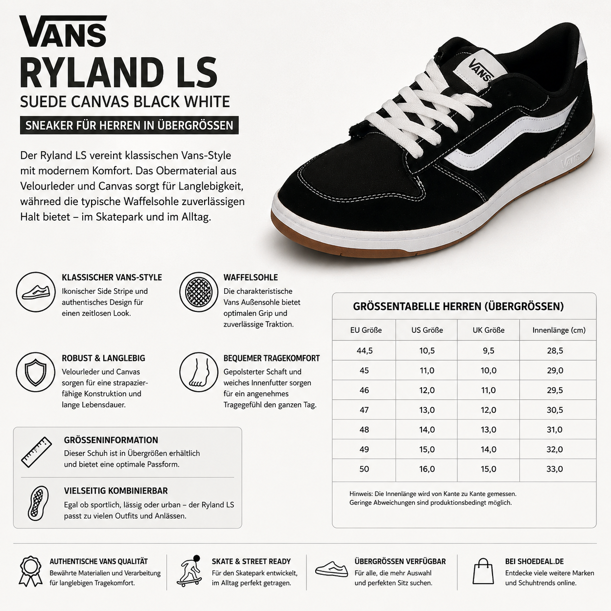 Vans Ryland LS Herren Sneaker in Übergrößen aus Veloursleder und Canvas in Schwarz-Weiß – shoedeal.de