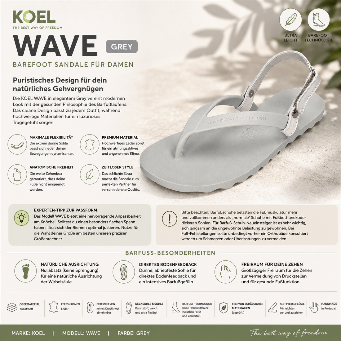 KOEL WAVE Damen Barefoot Zehentrenner-Sandale in Grey mit flexibler Sohle und Fersenriemen | shoedeal.de