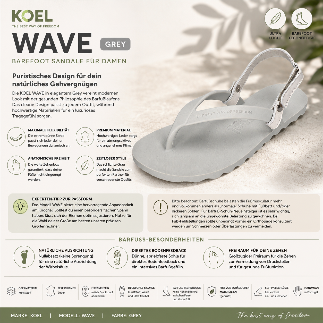 KOEL WAVE Damen Barefoot Zehentrenner-Sandale in Grey mit flexibler Sohle und Fersenriemen | shoedeal.de