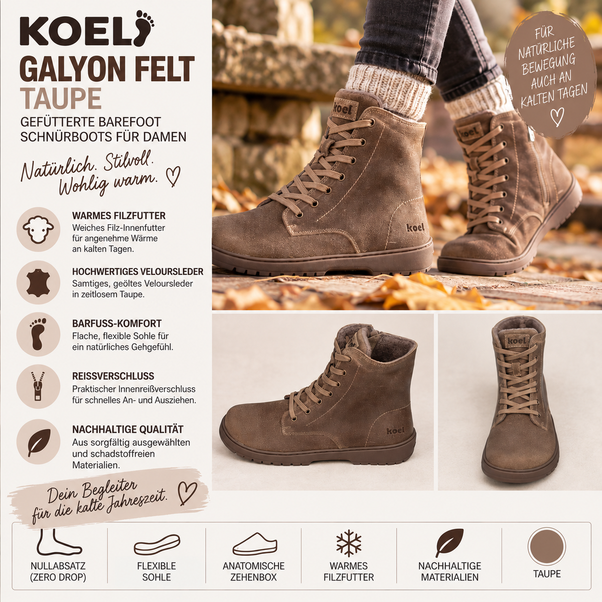 Warum die KOEL Damen gefütterte Barefoot Schnürboots GALYON FELT in Taupe ein unverzichtbares Must-Have für stilvollen Tragekomfort sind