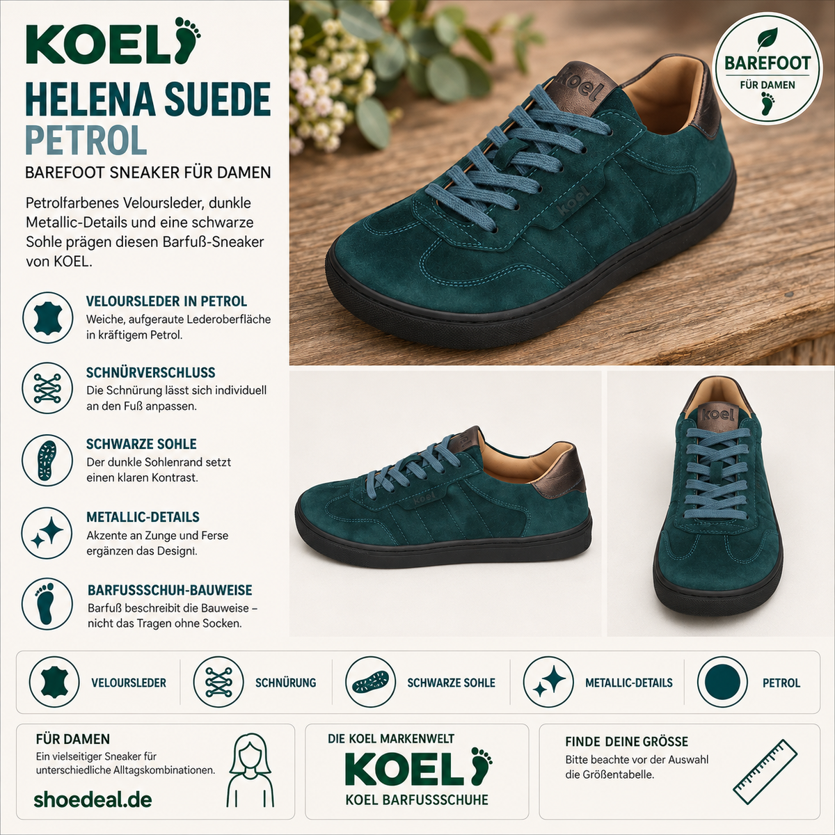 Die Vorteile und Kombinationsmöglichkeiten der KOEL Damen Barefoot Sneakers HELENA SUEDE in Petrol für jeden Tag