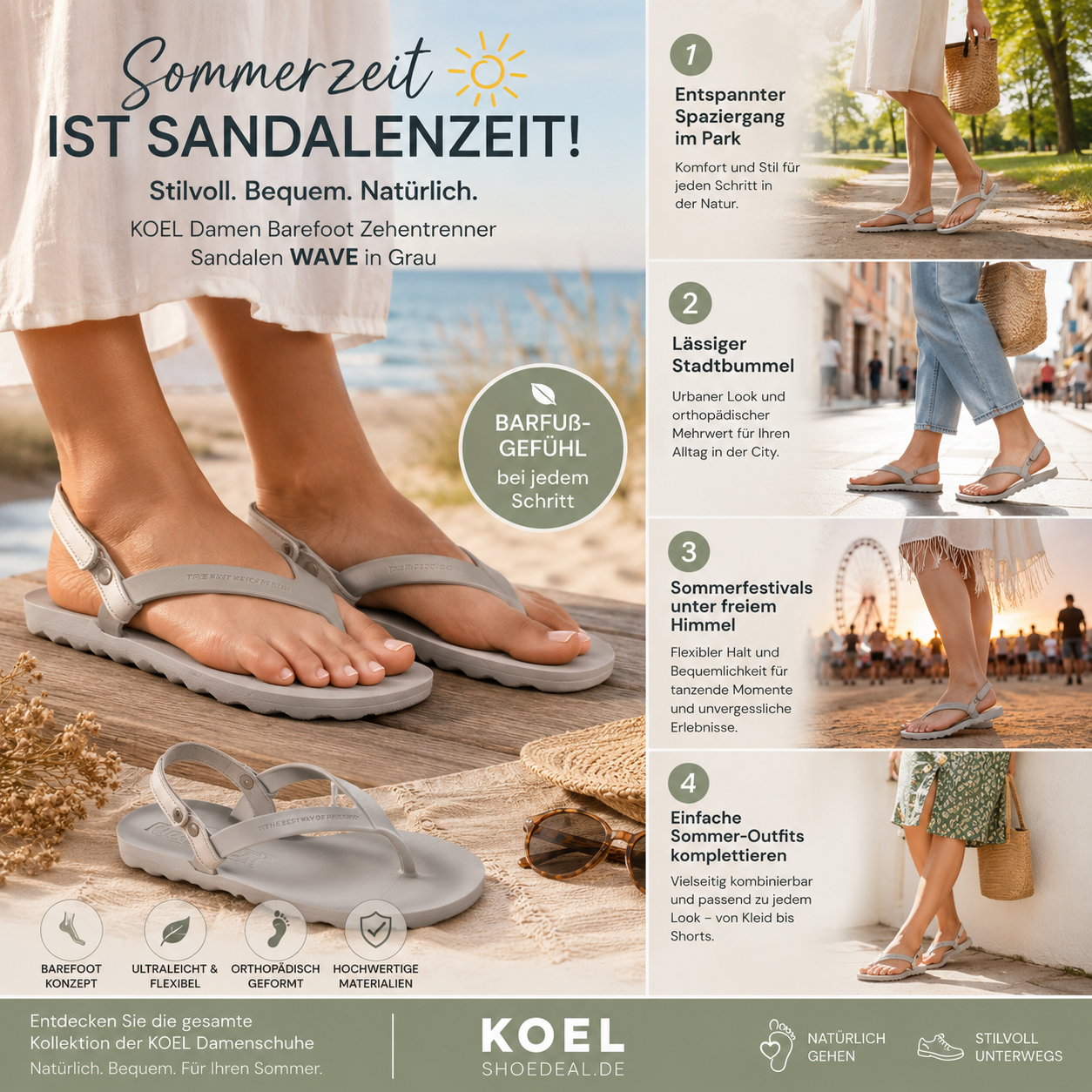 Die besten Anlässe um Ihre KOEL Damen Barefoot Zehentrenner Sandalen WAVE in Grau zu tragen