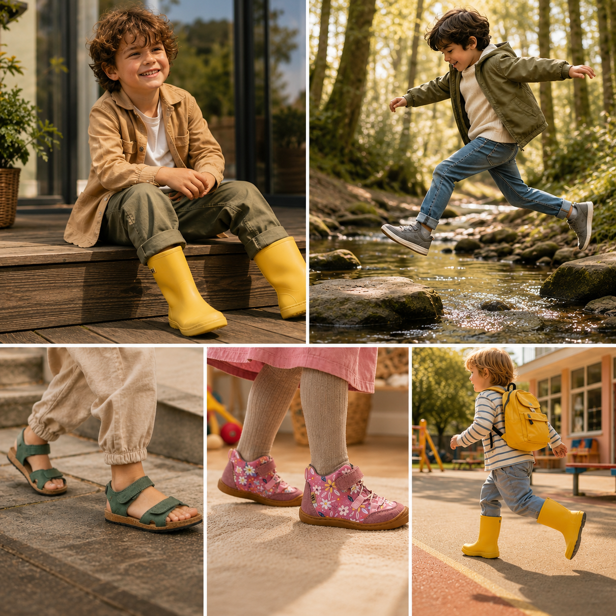 Kinder entdecken die Welt mit farbenfrohen Barfußschuhen – Sandalen, Gummistiefel und Sneakern – bei Spiel, Bewegung und Abenteuern im Alltag.