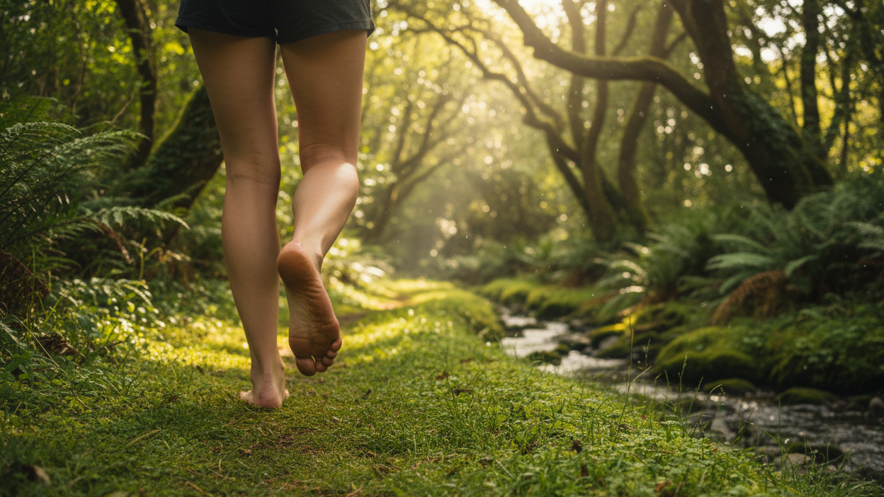 Shoedeal Barfußschuhe Kollektion – Natürliches Laufen auf Waldweg mit Füßen in Bewegung von hinten, umgeben von Moos und Bäumen – Jetzt minimalistische Schuhe entdecken