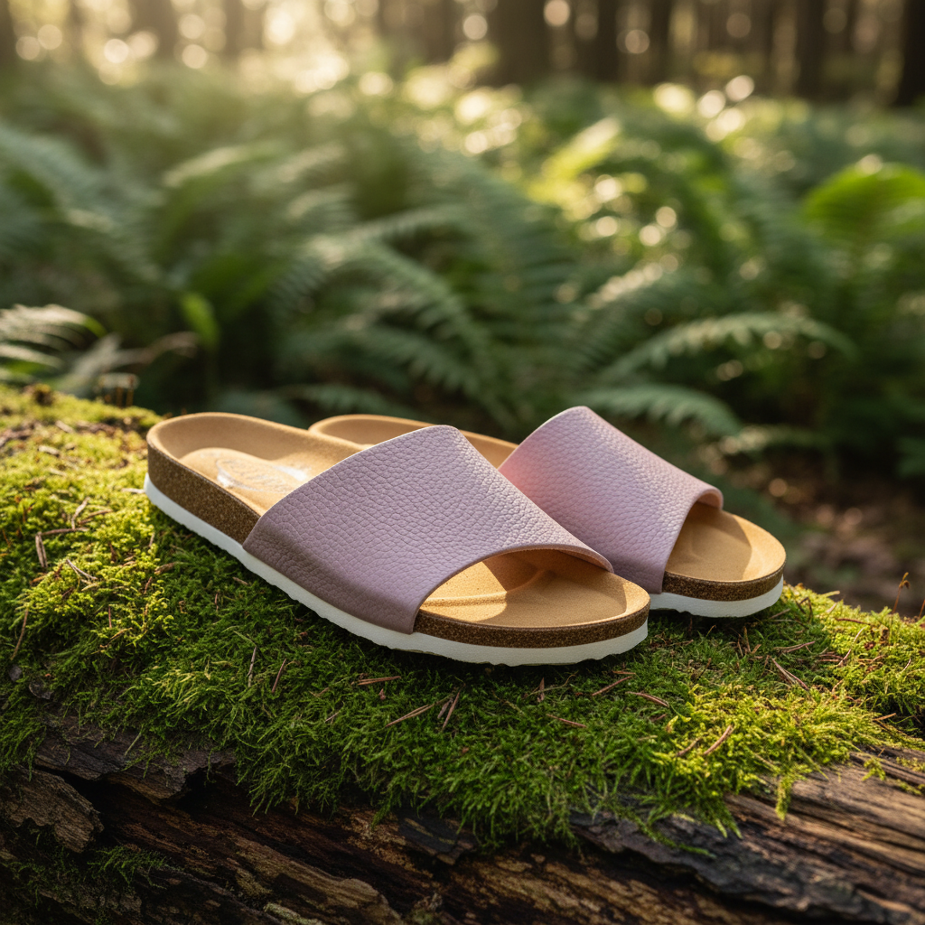 Plakton BALA Pantoletten in Malva mit natürlichem Kork-Fußbett auf bemoosten Baumstamm – handgefertigte spanische Ledersandalen ohne Schnalle | Jetzt bei shoedeal gesunde Schuhe entdecken.