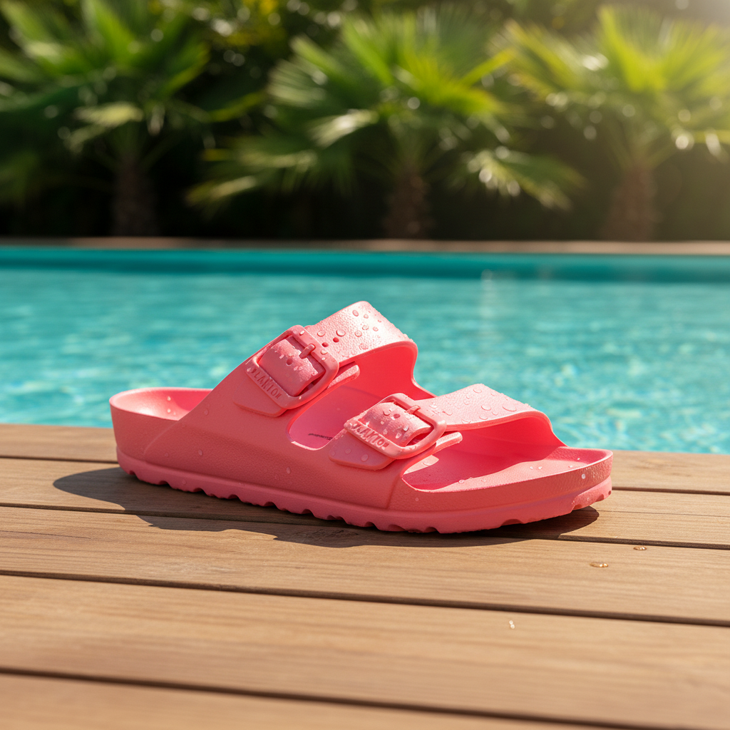Plakton SWIM WANDA wasserfeste EVA-Pantoletten in Pink am Pool mit Palmen – ultraleichte vegane Badeschuhe | Anziehen und wohlfühlen - jetzt bei shoedeal shoppen!