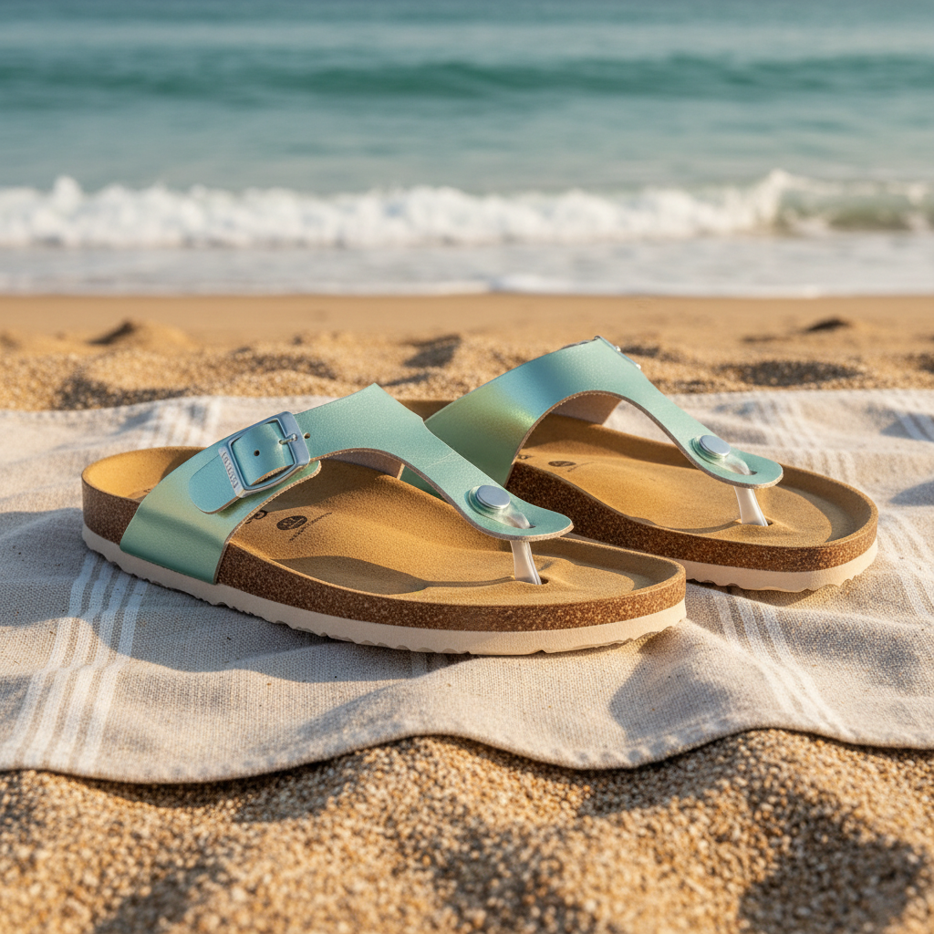 Plakton BOLERO Zehentrenner in Mintgrün mit Kork-Fußbett auf Strandtuch – handgefertigte Leder-Flip-Flops aus Spanien | Urlaub für deine Füße - jetzt bei shoedeal online kaufen!