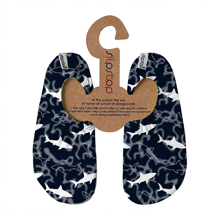 SLIPSTOP Kinder Hausschuhe Badeschuhe Big White Haie schwarz weiß